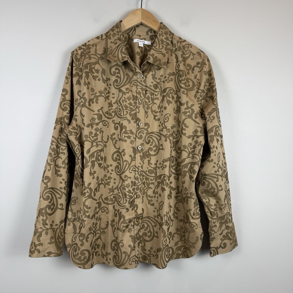 Chico's Button Up Top Sz 3 XL 16 Gold Scroll Jacquard NoIron Stretch Work Career